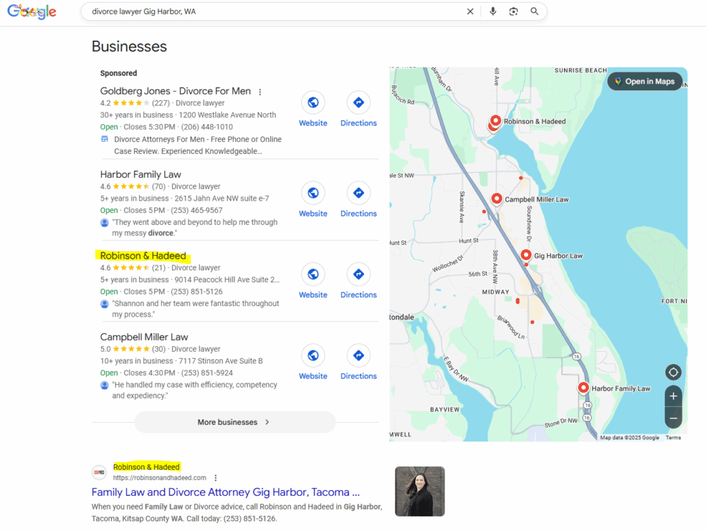 Google search results showing Robinson & Hadeed in organic and map results